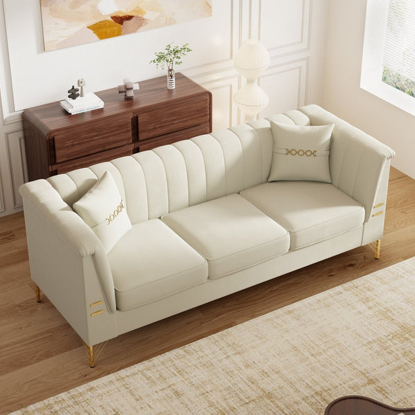 English Elm Fx-P82-Be3 - Luxurious Beige Velvet Chesterfield 3-Seater Sofa With 2 Pillows For Modern Living Spaces W576S00220