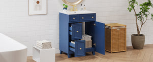 English Elm 24-Inch Bathroom Vanity Cabinet with Ceramic Sink, Space-Saving Storage, Solid Wood Feet, Durable Finish Blue WF532034AAC
