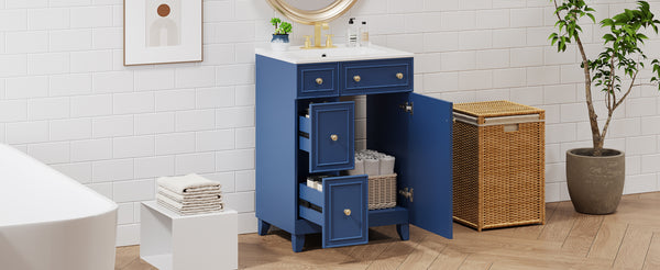 English Elm 24-Inch Bathroom Vanity Cabinet with Ceramic Sink, Space-Saving Storage, Solid Wood Feet, Durable Finish Blue WF532034AAC