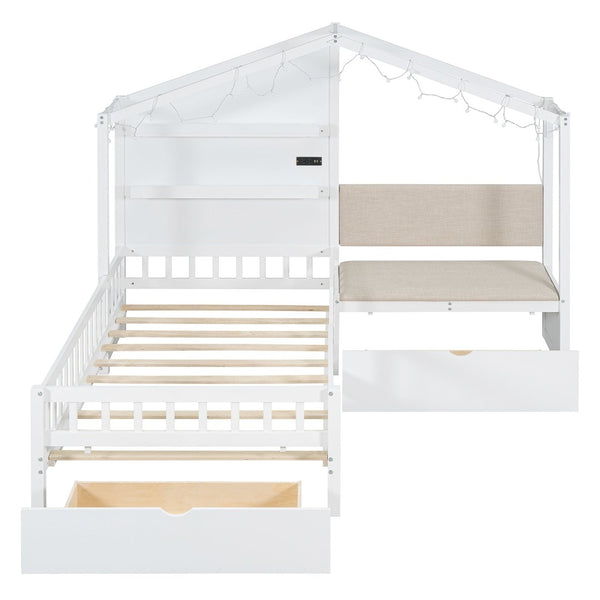 English Elm Twin House Bed Frame with Sofa Seating Led Lighting Drawers and Wireless Charging LP000521AAK-1