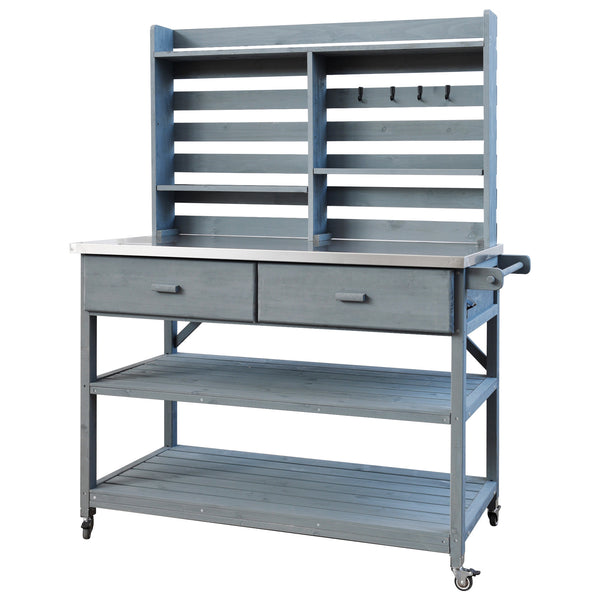 English Elm K&K 64.9" Outdoor Potting Bench with 1.2" Stainless Steel Top, Lockable Wheels, Hutch & Drawers Grey+Blue N707P228274G
