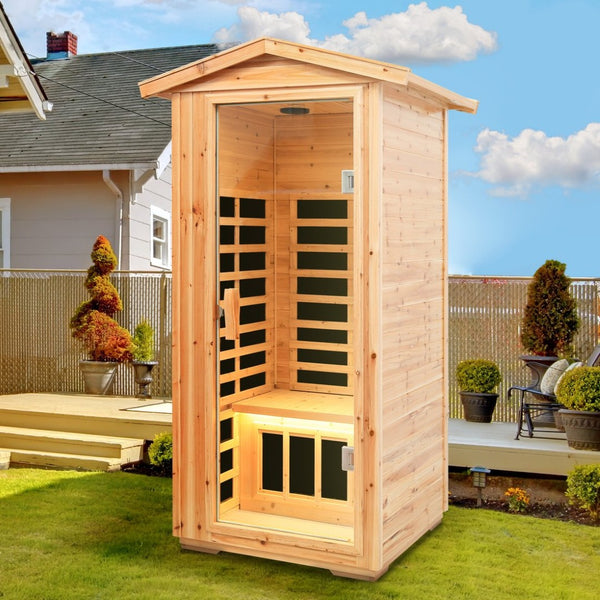 English Elm One Person Outdoor Far Infrared Sauna Aged Fir Wood Spa with Led Audio Panel W632S00013