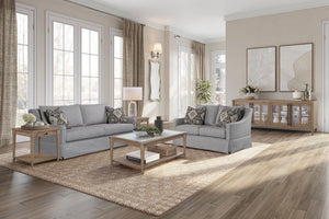 English Elm Sofa elegant upholstered design with skirt, reversible Dacron-wrapped cushions and two pillows Light Gray 96.5 L x 41.75 W x 34.25 H B2699P225136