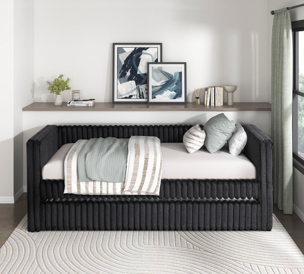 English Elm 1pc Daybed with Trundle Corduroy Upholstery Modern Luxury Guest Sofa Bed Durable & Space-Saving Design Black 43 L x 38 W x 9.5 H B011S01719