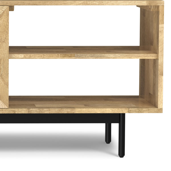 English Elm Reeves Mango Wood TV Media Stand 65" with Woven Raffia Cabinets, Black Iron Base, Natural Finish B136P203487