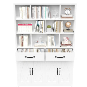 English Elm 71" Tall Metal Bookcase with Open Shelves Drawers and Cabinet Doors for Modern Office T2398S00002