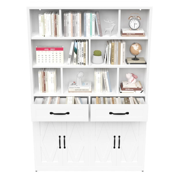 English Elm 71" Tall Metal Bookcase with Open Shelves Drawers and Cabinet Doors for Modern Office T2398S00002
