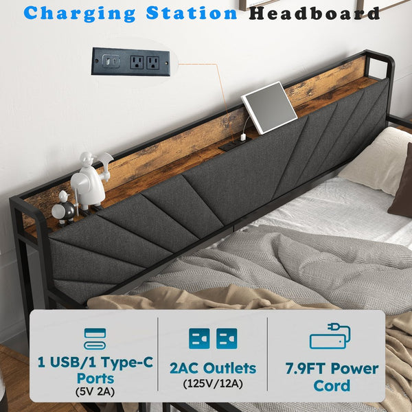 English Elm Twin Daybed with Drawers and USB Charging Station, Metal Frame, Upholstered Headboard, LED Mood Lighting Black+Brown+Grey W2129P244635