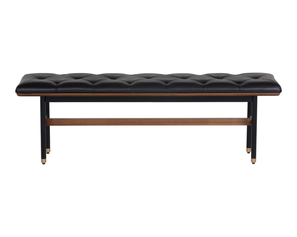 Sunpan Staten Bench - Mid-Century Modern Design with Button Tufting, Walnut Frame & Brass Accents, Black