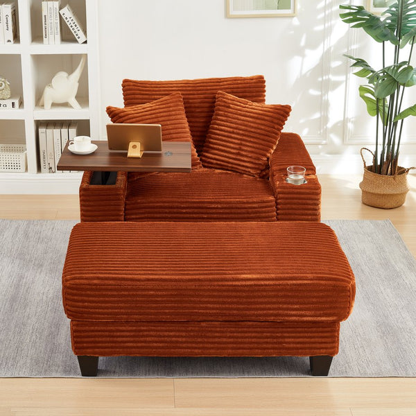 English Elm Fluffy Corduroy Storage Armrest Sofa with Ottoman, Bluetooth Speaker, USB, 180° Swivel Desk Orange W3705P349932