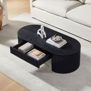 English Elm 51.18'' Oval Mdf Coffee Table with Hidden Drawer Mid-century Pedestal Base Black W876P370279