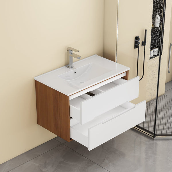 English Elm 32-Inch Wall-Mounted Bathroom Vanity With Sink Combo, Soft-Close Drawers, Modern Walnut Finish W3151S00049