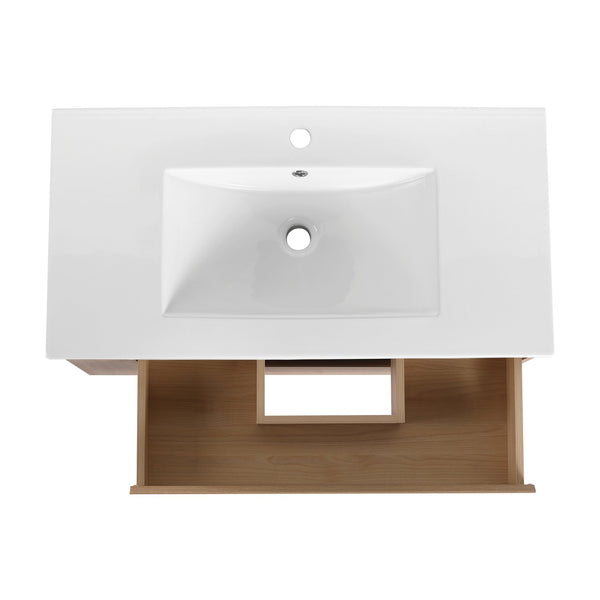 English Elm 36" Wall Mounting Bathroom Vanity With Ceramic Sink, Side Adjustable Shelf, Soft-Close Drawers, Water-Resistant Plywood Finish W999S00142