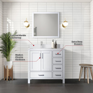 English Elm White Bath Vanity Set With Left Offset Cultured Marble Top, Chrome Faucet & Matching Mirror 36" W B2731S01328-GIGA