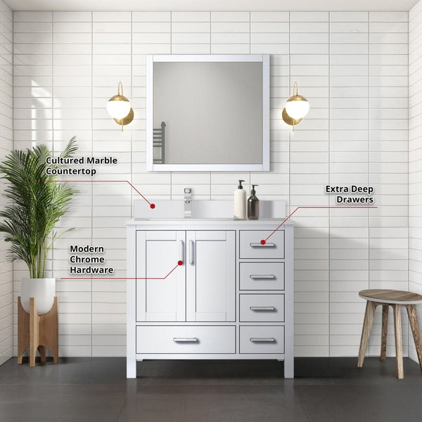 English Elm White Bath Vanity Set With Left Offset Cultured Marble Top, Chrome Faucet & Matching Mirror 36" W B2731S01328-GIGA