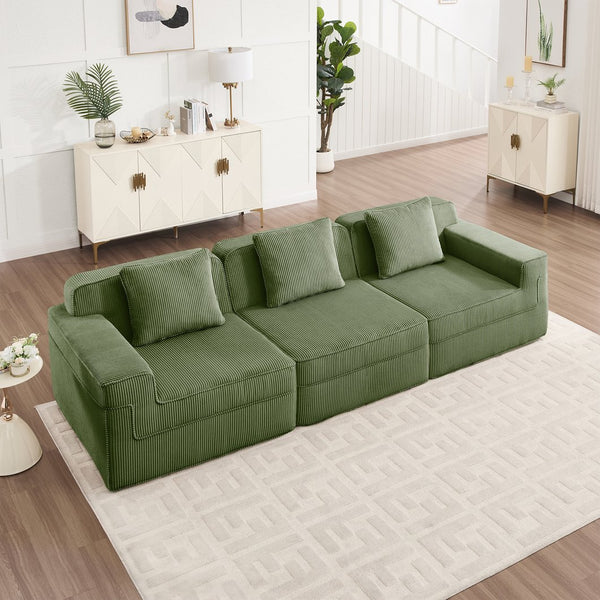 English Elm Modular 3-Seat Boneless Sofa - Luxurious Cloud Sectional Couch In Soft Green Corduroy Fabric W3041S00331