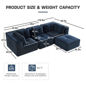 English Elm Modern Corduroy Sectional Sofa Tufted 3 Seater with Movable Ottoman Deep Seat Blue W714S01802