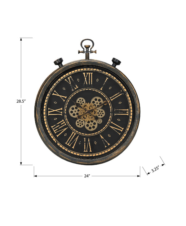 English Elm Clocks, Vintage Industrial 24" Round Wall Clock With Exposed Gears, Brown & Gold, Quartz Movement B2710P287146