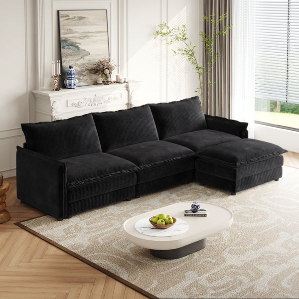 English Elm Corduroy Oversized L-Shaped Sectional Sofa With Movable Ottoman – Plush Comfort For Modern Living Spaces W834S00432