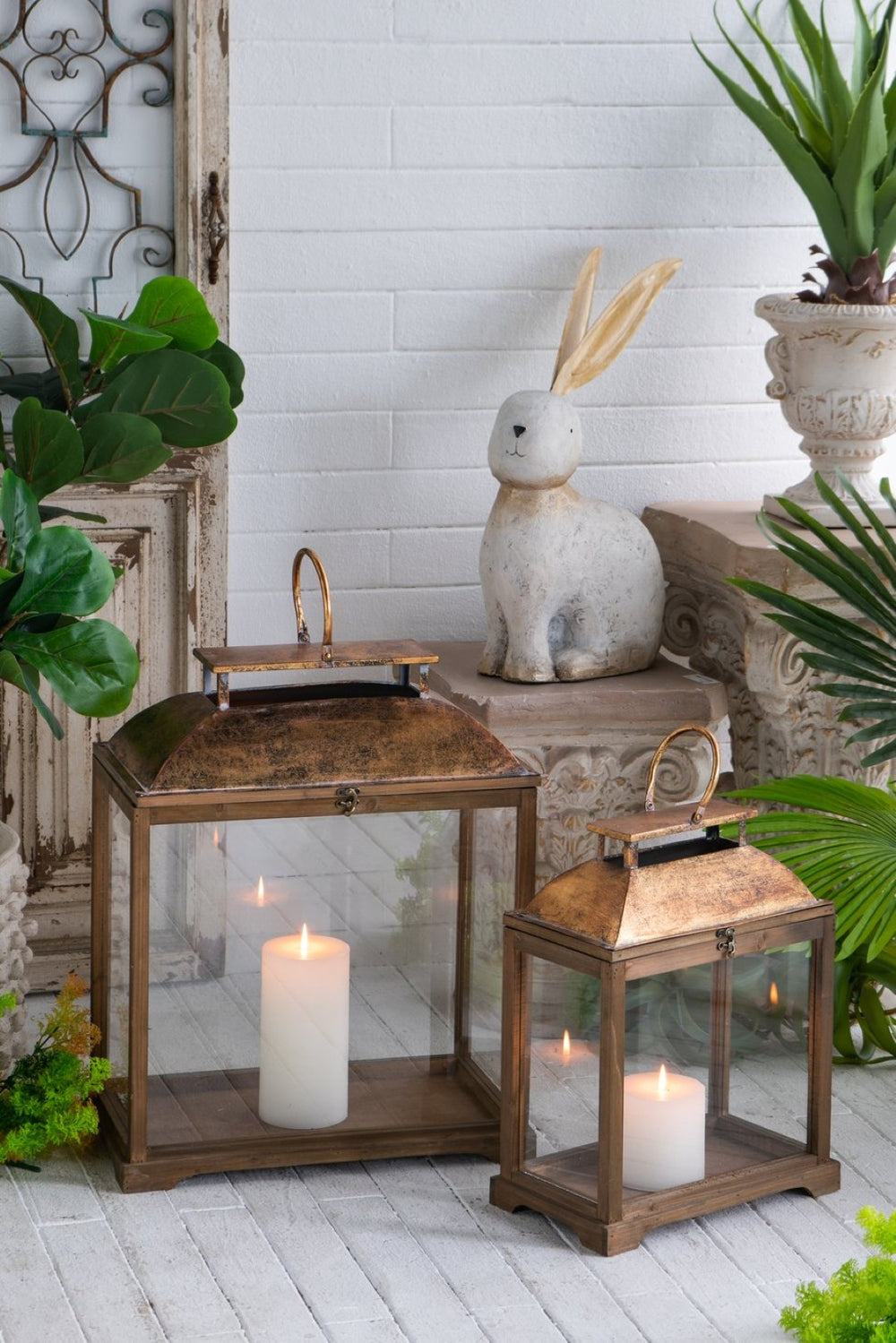 English Elm S/2 Distressed Fir Wood Candle Lanterns with Glass Sides and Gold Dome Tops W2078P423052
