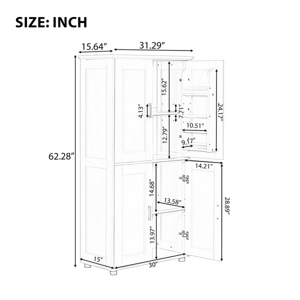 English Elm Tall White Bathroom Storage Cabinet - 4-Door Freestanding MDF Unit, Adjustable Shelves, Slim 61.8" x 18.3" x 7.5" WF323345AAK