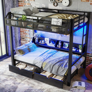 English Elm Twin Over Metal Bunk Bed with Led Lights Usb Ports Drawers and Sofa Conversion W5305S00002