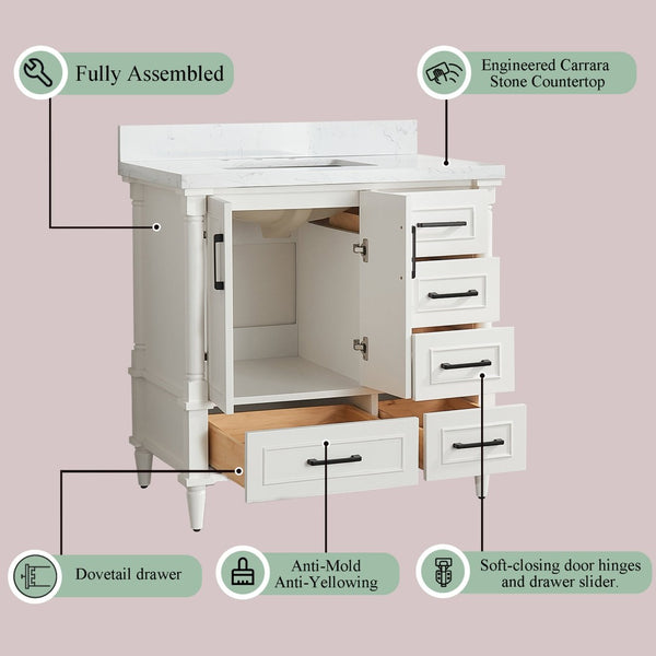 English Elm Fully Assembled 36 Inch Bathroom Vanity Carrara Marble Top Dual Basin Rubberwood W1826P308992