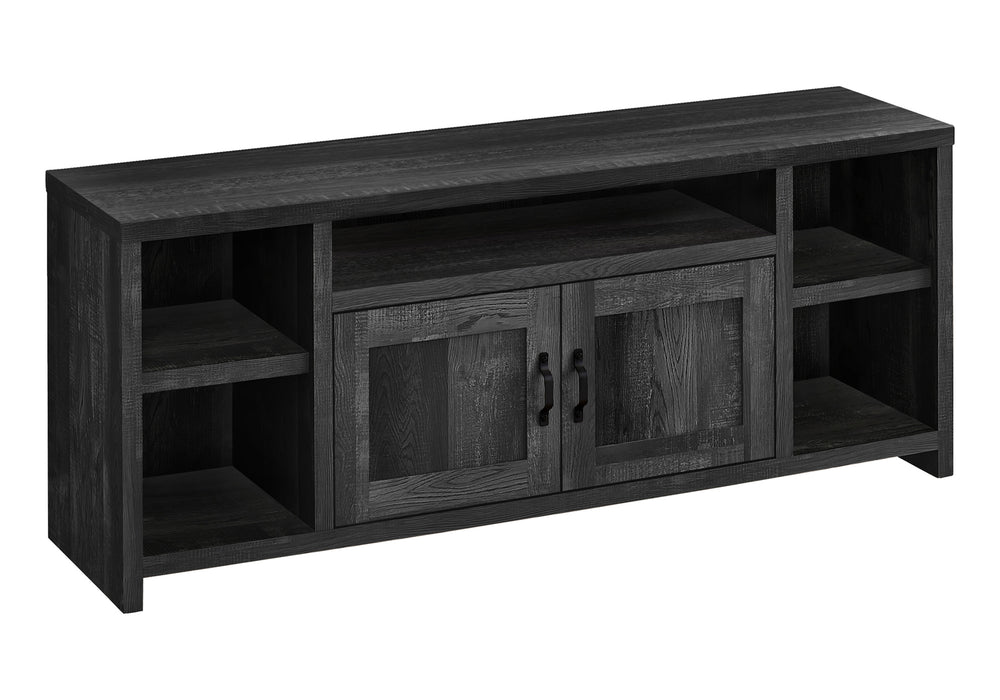 English Elm Tv Stand 60-Inch Media Console with Curved Sides and 3-Tier Open Shelves for Compact Living Spaces Black 64 L x 20 W x 9 H B2710P219111