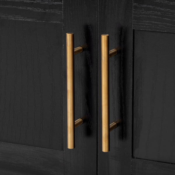 English Elm K&K Arched 71" Kitchen Pantry Cabinet with Glass Doors, Brass Handles, Adjustable Shelves & Drawer Black N707P288969B