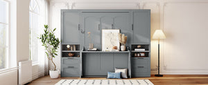 English Elm Full Size Murphy Wall Bed with Wardrobe Drawers and Shelves for Studio Spaces LP000908AAE