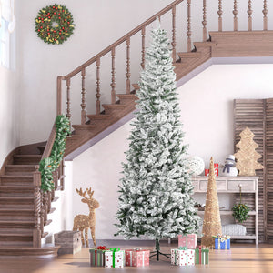 English Elm Homcom 9Ft Slim Snow-Flocked Pine Christmas Tree With Realistic Branches & Easy Setup For Tight Spaces W2225P229295