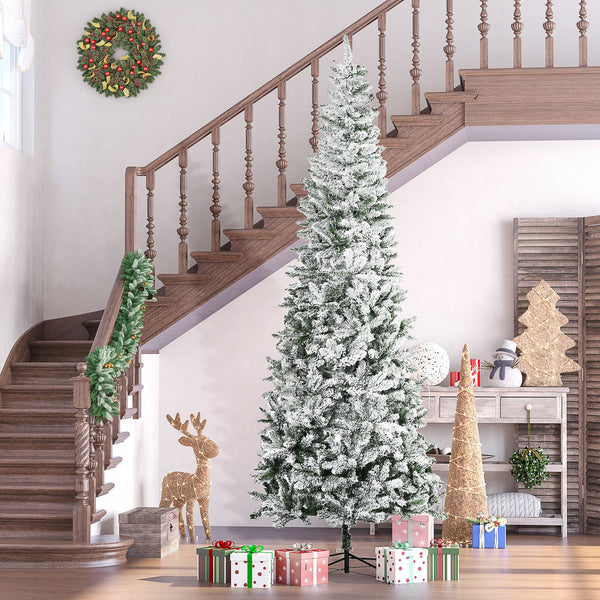 English Elm Homcom 9Ft Slim Snow-Flocked Pine Christmas Tree With Realistic Branches & Easy Setup For Tight Spaces W2225P229295