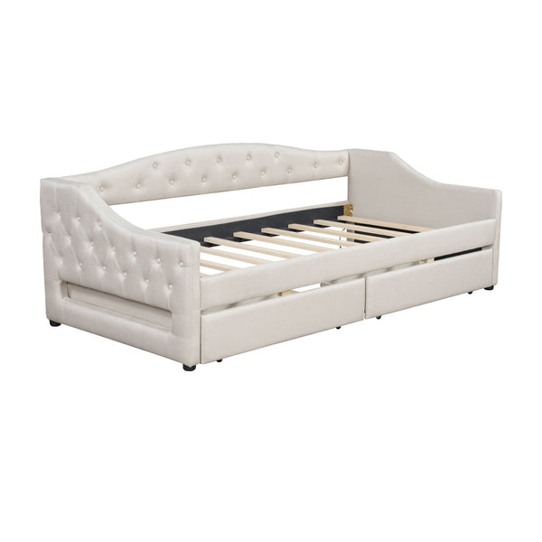 English Elm Upholstered Twin XL Daybed with LED Belt and Two Underbed Drawers, Linen Backrest, Modern Storage Elegance Beige DL002060AAA
