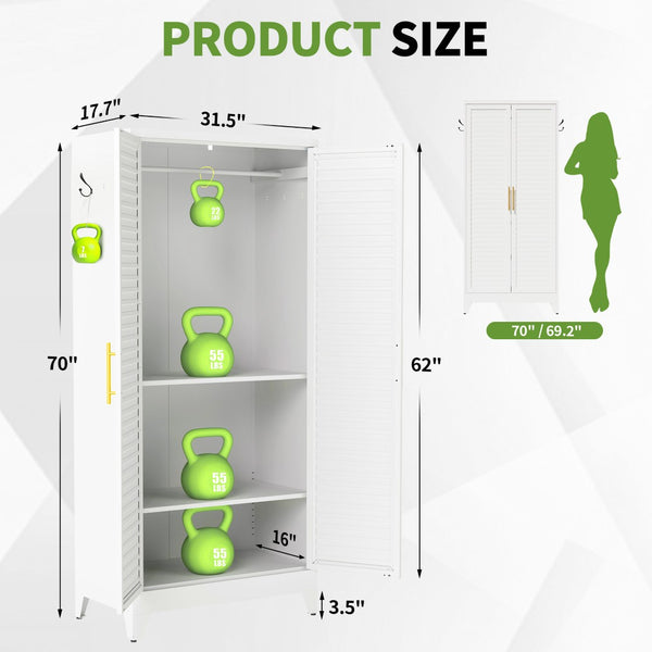 English Elm White Steel Freestanding Wardrobe Cabinet with Rod and Shelves for Dorm or Apartment T2398P480394
