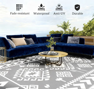 English Elm Easy Carry Reversible Outdoor Patio Rug Waterproof Polypropylene Flatweave Geometric Design Grey,White T3971P421564