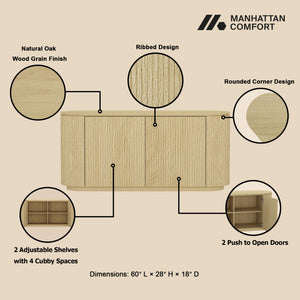 English Elm Olivia Mid-Century 60" Sideboard in Natural Oak Grain — Handle-Free Doors, Ribbed Texture, Pedestal Base B365S00113