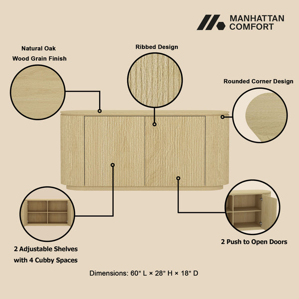 English Elm Olivia Mid-Century 60" Sideboard in Natural Oak Grain — Handle-Free Doors, Ribbed Texture, Pedestal Base B365S00113