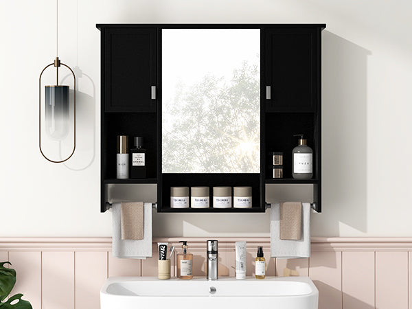 English Elm 35'' Stylish Wall-Mounted Bathroom Storage Cabinet With Mirror & Towel Bar, Modern Design Elegance N710P236929B