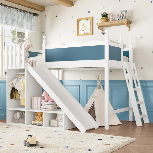 English Elm Twin Loft Bed Solid Pine Frame with Wardrobe Shelving Detachable Slide Kids Room White+Blue W5305S00019