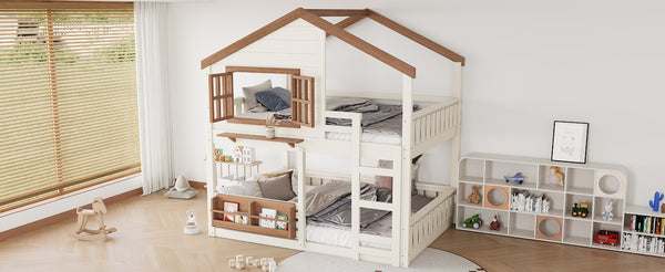 English Elm Full Bunk Bed with Trundle Bookshelf Storage Pine Frame Car Design for Kids Beige W1580S00523