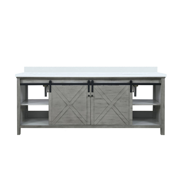 English Elm Ash Grey Double Bath Vanity 84" W With White Quartz Countertop - Elegant Storage & Modern Design B2731P260093
