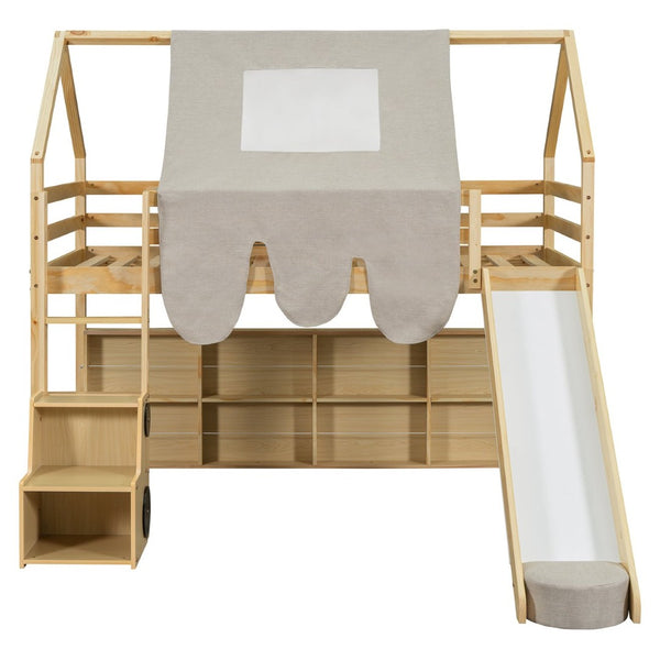 English Elm Twin House Loft Bed with Tent Canopy Slide and Shelves Pinewood Kids Frame Natural LT000682AAD-1