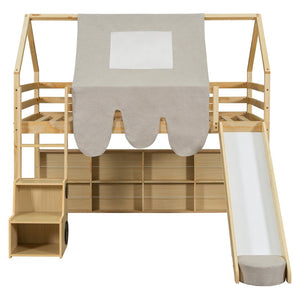 English Elm Twin House Loft Bed with Tent Canopy Slide and Shelves Pinewood Kids Frame Natural LT000682AAD