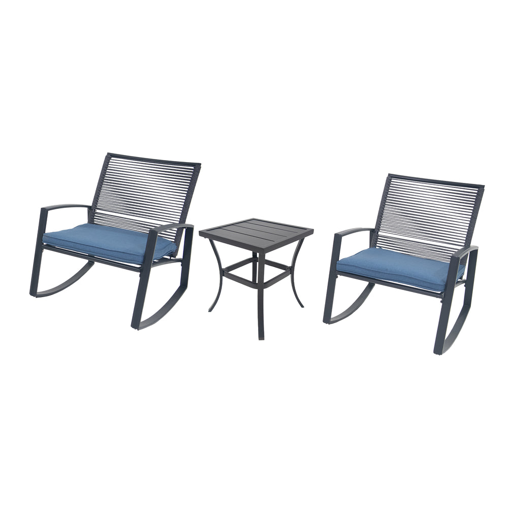 English Elm 2-person Weatherproof Outdoor Bistro Rocking Set with Table, Rust-Proof Metal, Removable Cushions Blue W1859P359942