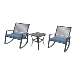 English Elm 2-person Weatherproof Outdoor Bistro Rocking Set with Table, Rust-Proof Metal, Removable Cushions Blue W1859P359942