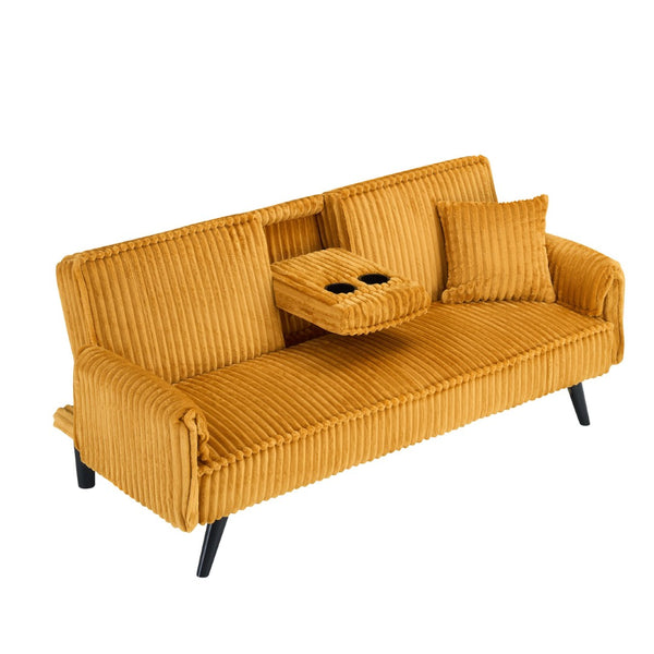 English Elm Minimalist Corduroy Three Seat Sofa with Reclining Backrest and Built in Cup Holders W1658P251973