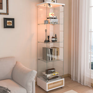 English Elm Modern Glass Display Cabinet With Drawer - Stylish Led-Illuminated Storage For Collectibles & More W241P268237