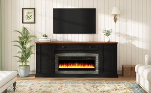 English Elm On-trend Farmhouse Electric Fireplace Console Walnut Veneer Media Cabinet for Living Room Black N721S000069B