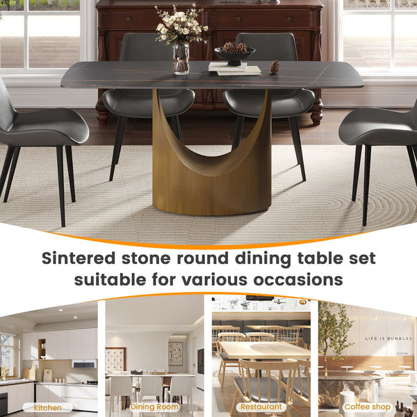 English Elm 63" Modern Artificial Stone Dining Table With Curved Black Panel And Bronze Iron Legs For 6-8 People W1535S00550