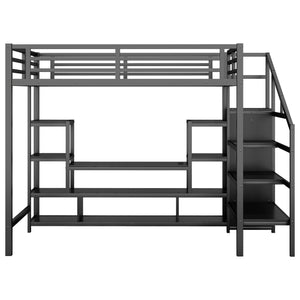 English Elm Full Size Metal Loft Bed With Integrated Tv Stand, Staircase & Wardrobe - Perfect For Kids & Teens! W2593S00012